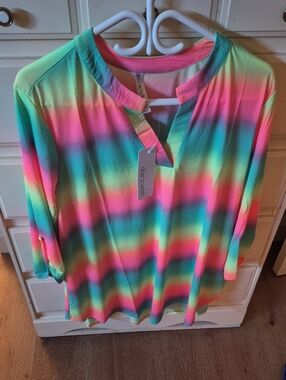 Dear Scarlett Wrinkle Free Bright Rainbow Stripe Tunic Top in Multi-Color